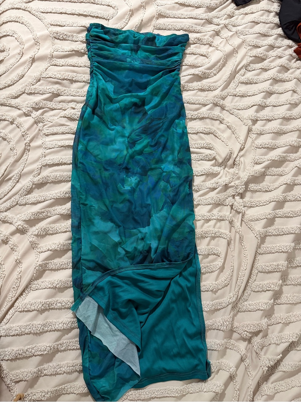 Strapless Teal Ruched Maxi Dress
